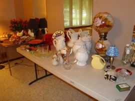 antique Gone with the wind lamp, Fiesta juice pitcher, Rooster collection