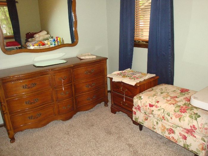 9 drawer dresser, Night Stand, Framed wall mirror, footstool