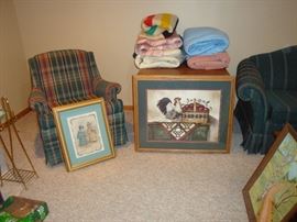 Blankets. stuffed chair