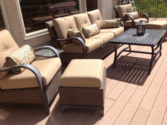 Outdoor set sofa ~chairs with ottomans ~ table