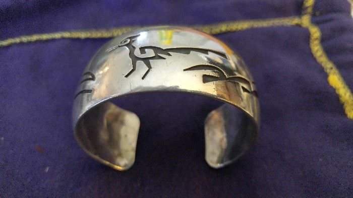 Sterling silver Navajo Road Runner cuff bracelet