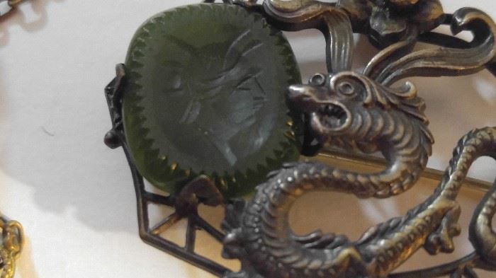 Sterling silver Dragon pin Jade feature the emperor of Japan
