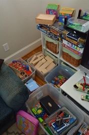 wooden blocks, wooden train set, plastic blocks, kitchen/house lego sets, games, puzzles