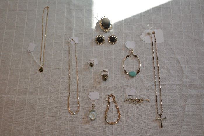 gold necklace, sterling necklaces, rings, pendant/earring set - more sterling found, but have to clean it...
