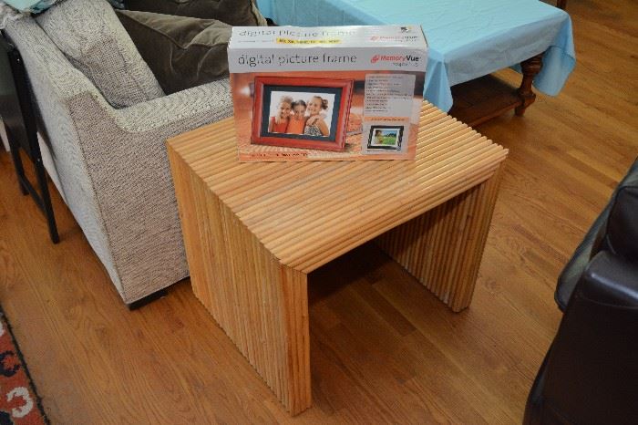 digital frame, wooden table