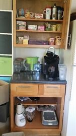 Teas, tea caddy--SOLD, glass & cork canister set, Brita water pitcher, small electrics, travel drink holders