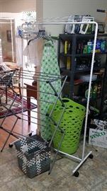 Ironing board--SOLD, drying rack--SOLD, clothing rack--SOLD, green hamper--SOLD
