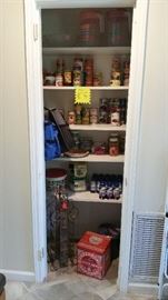 Pantry items, wine rack, decorative tins, insulated lunch bags/small coolers, cookie cutters in tub--SOLD, plastic serveware