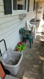 Watering cans, garden tote--SOLD, outdoor garden chairs