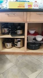 Cookware set--SOLD, small covered baker, plastic serving/storage bowls with lids