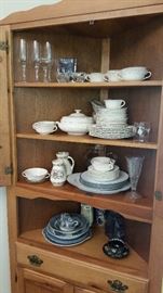 Corner china/storage cabinet--Wedgwood Cream-on-Cream ware, Currier & Ives serving pieces, cut glass/fine glass pieces