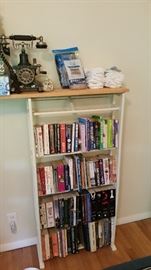 Paperback books & storage bookcase--SOLD, socks, reproduction telephone--SOLD