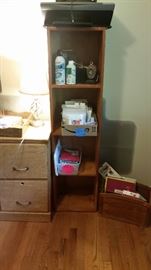 Wooden bookcase--SOLD, 2-drawer file cabinet-newer, wooden magazine holder--SOLD, office supplies, stationery, silvertone lamp, Lexmark printer