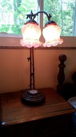 Lovely metal table lamp, double shade, cranberry glass