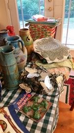 More table linens, butterfly string lights--SOLD, frog tablecloth weights, vases