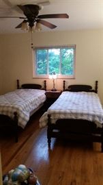 Twin mahogany veneer beds & mattresses (in excellent shape, lightly used)