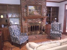 Fox hunt oil painting, pair of wingback chairs