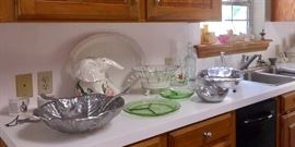 Aluminum serving pieces, depression glass