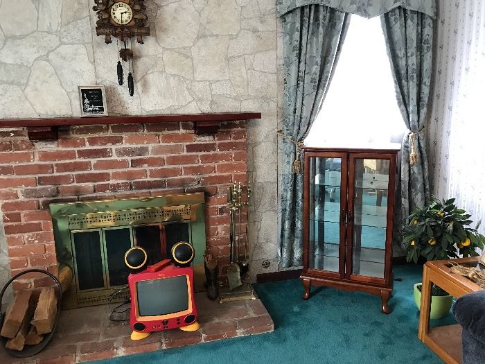 Disney TV, display case, fireplace tools, artificial lemon tree. 