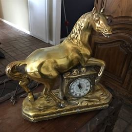 Brass horse clock, electric, working condition unknown