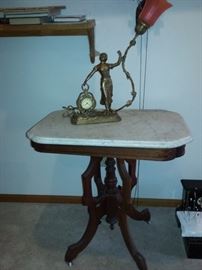Victorian Lamp Table, Figural Clock Lamp As Is