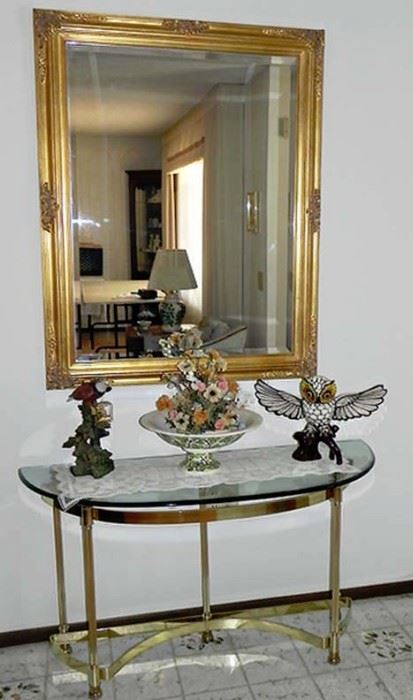 Glass & chrome console table and gilded mirror