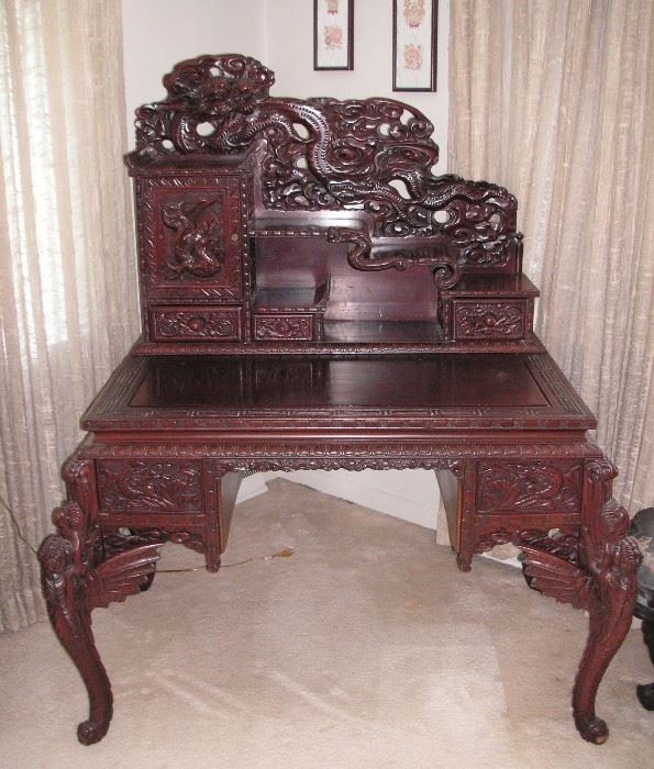 Antique Hong Mu carved dragon desk