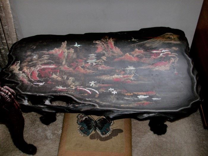 Handpainted Japanese lacquered burl coffee table with mother of pearl accent