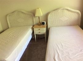 Twin wicker headboards with Ethan Allen night stand
