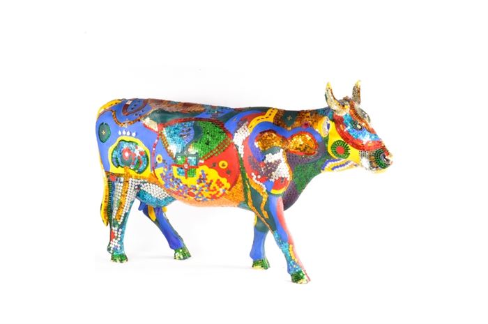 Life Sized Chicago 1999 "Cows on Parade" named "Sacred Cow": This is one of 322 decorated life sized cows that were featured in the summer of 1999’s “Cows on Parade” in Chicago, IL. Named the “Sacred Cow”, this piece of art was created by artists Jennifer Zackin, Sopheap Pich, and Sanford Biggers, and was donated to the Chicago Park District to put on display at Roosevelt Rd. and Lake Shore Drive in Downtown Chicago during the summer of 1999.