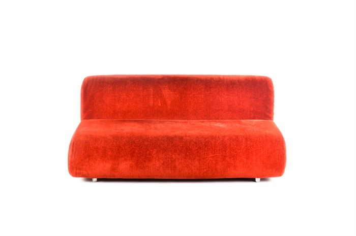 Kazuhide Takahama Mid Century Modern "Suzanne" Sofa by Knoll: A Kazuhide Takahama Mid Century Modern"Suzanne" Sofa-settee by Knoll. This settee features a rounded back and oversized seat of urethane foam on a polished chrome base. This piece is upholstered in a red fabric. The underside is marked “Knoll International Inc” on a tag.