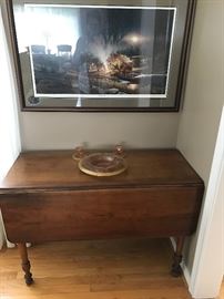 Antique cherry drop leaf with Sheraton legs.  Depression "console" group.  Terry Redlin, limited edition of  "Campfire Tales".