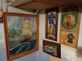 Wall art and beer signs, mirrors