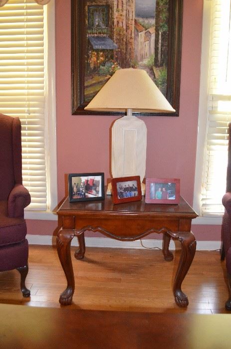 Carved Oak Occasional Table with Glass Top also Table Lamp and Framed Print
