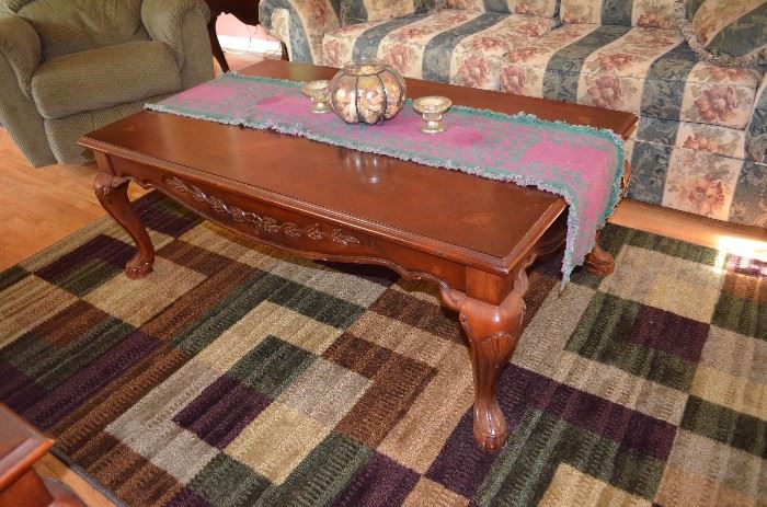 Carved Oak Coffee Table part of a set of 3 and area rug
