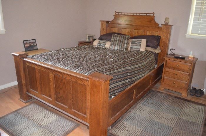 Gorgeous Amish Hand Made Bedroom Suite consisting of Bed, Triple Mirrored Dresser, Matching End Tables, and Unique Chest of Drawers