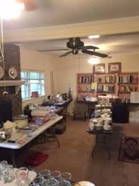 Kitchen items, dishes, glasses, household decorations, sewing supplies, books, etc.