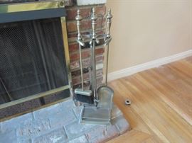Fireplace set of tools in heavy brass. 