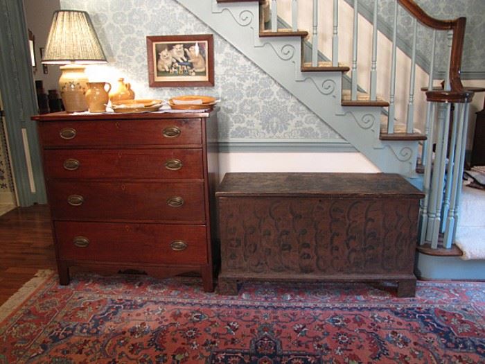 Walnut chest of drawers and Iredell, Catawba County paint decorated blanket chest, circa 1820 