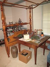 Canopy top rope bed, converted to queen size; one drawer local Queen Anne tavern table