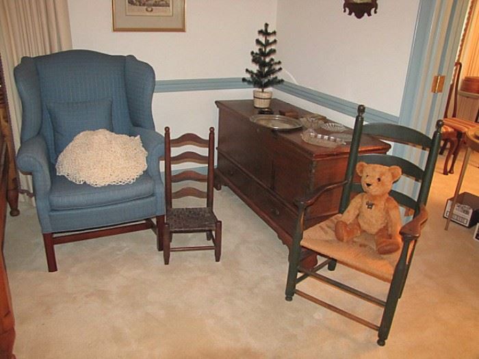 One of two wing chairs; two drawer blanket chest; early arm chair