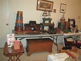 Small blanket chest, stools, pantry boxes