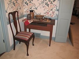 North Carolina table with dirty dish slot; Queen Anne dining chair, repro 