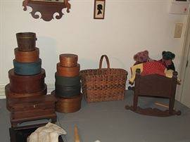 Pantry boxes, doll cradle, Cherokee basket