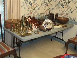 Candlesticks, candle boxes, knife boxes, pottery wall pocket, burl bowl, rye coil lidded basket