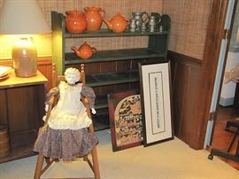 Blonde china head doll, Jugtown pottery, green painted bucket bench