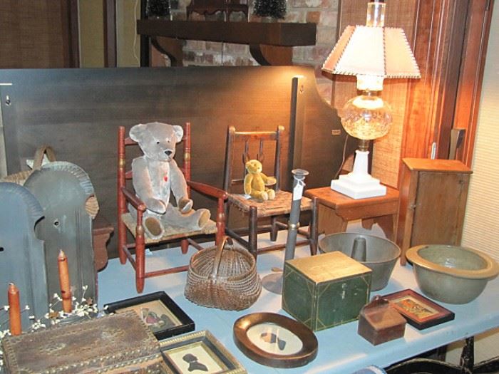 Doll chairs, bears, silhouettes, salt glazed milk crock, lamps