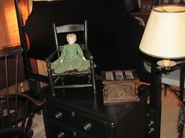 Child's chair, china head doll, foot warmer