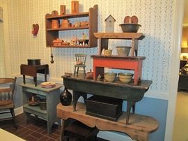 Benches, stools, bucket benches, pantry boxes, miniature tables, pottery