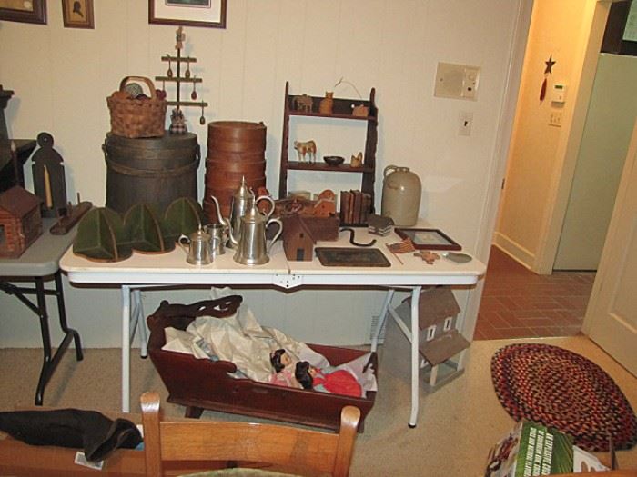 Hanging shelves, cradle, pewter coffee set